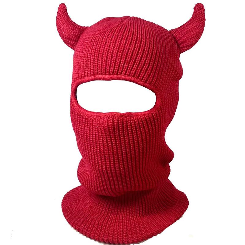 Knitted Full Face-Cover with Funny Horns Decor Warm Ski Masks Winter Ski Balaclava for Adult Outdoor Adventures Beanie Hat