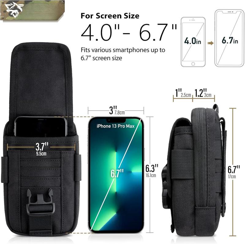 Tactical Compass Phone Pouch, Large Molle Smartphone Holster Case Double Capacity Small Utility EDC Pouch with Compass Buckle and Carabiner