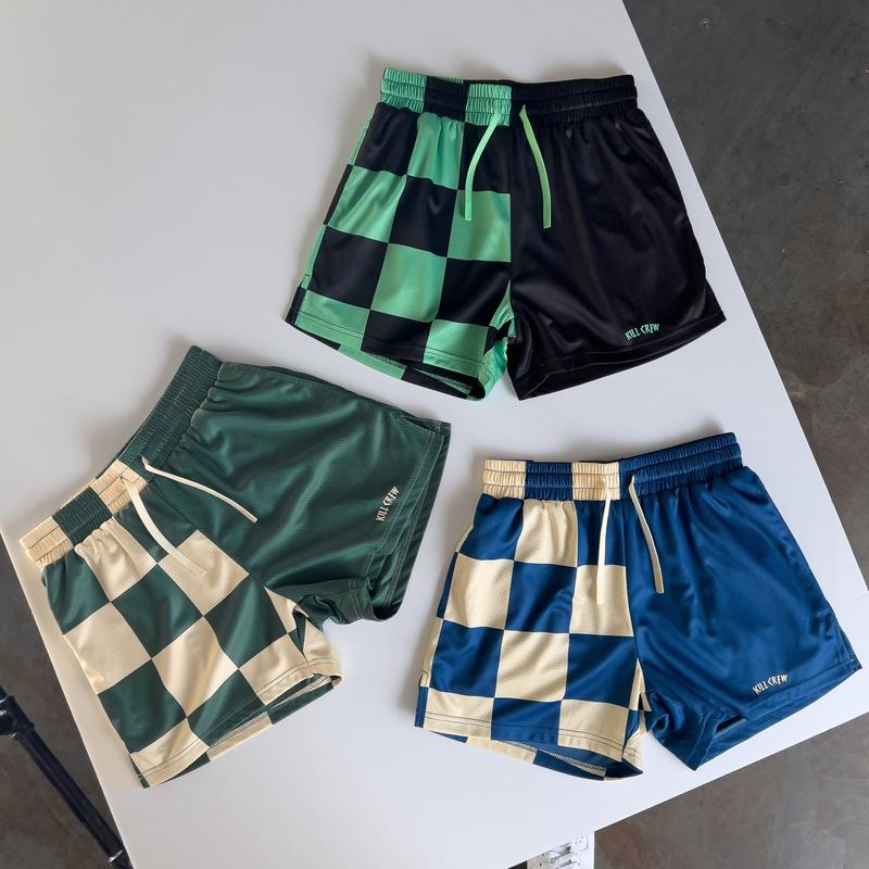 [Kill Crew] Muay Thai Shorts Checker - Green   Cream, Unisex, Mid Thigh Cut, Pockets, Gym Shorts, Elastic Waistband, Long drawcord with wax tips