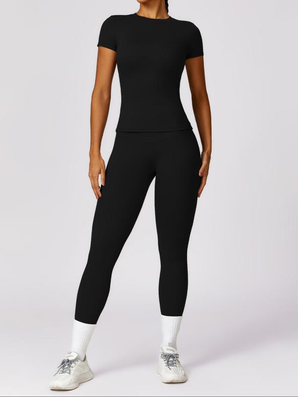 Women's Plain Color Sports Set, Short Sleeve T-shirt and High Waist Leggings Tracksuit for Yoga Gym Workout - Round Neck, Womenswear