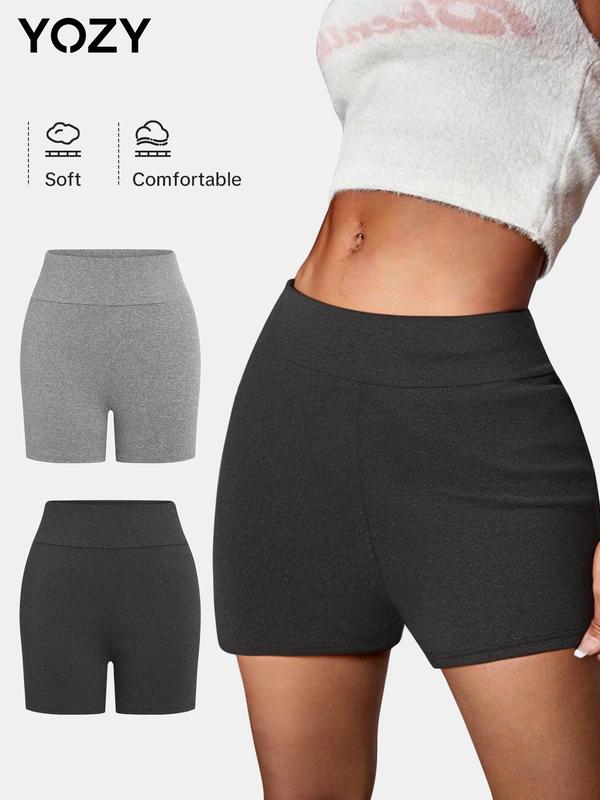 YOZY 2 Counts Women's Solid Color High Waist Biker Shorts, Casual Comfy Breathable Slim-fitting Wide Waistband Cycling Shorts for Daily Outdoor Wear, Ladies Bottoms for Summer