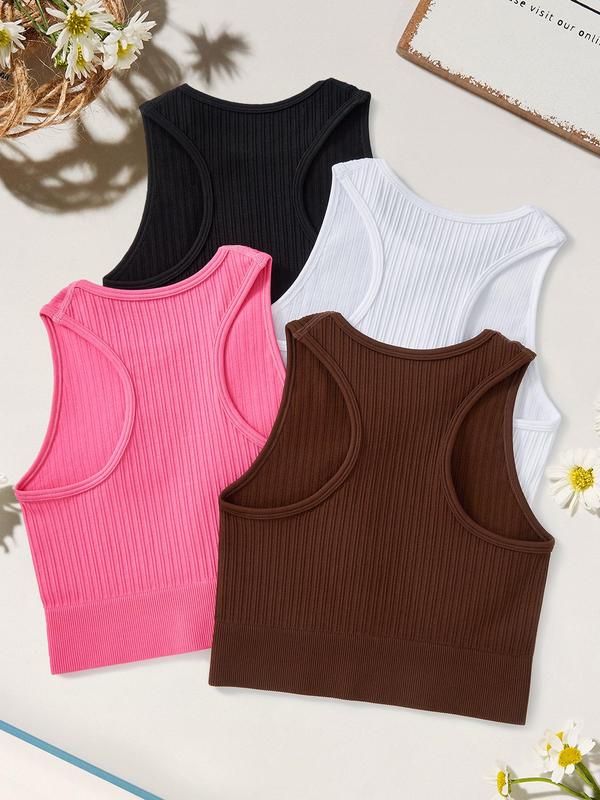 Sporty Women's Solid Color Round Neck Cropped Sports Vest, Casual Sport Crop Tank Top for Yoga Gym Workout Running, Ladies Sportswear for All Seasons