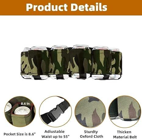 Beer Belt Holster Beer Soda Bottle Holder Belts Drink Can Holder Adjustable Waist Pack Bag Holds 6 Cans Perfect for Parties Picnics Hiking