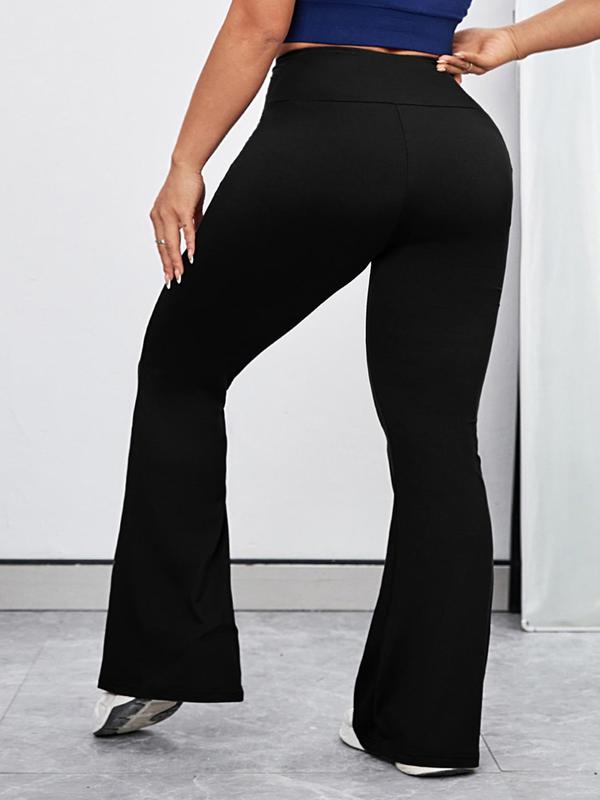 Plus Size Solid High Waist Flare Leg Sports Tummy Control Leggings, Sporty Bell Bottom Pants for Yoga Gym Workout Running, Sports Clothing