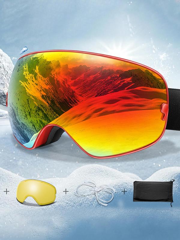 Unisex Sport Ski Goggles, OTG Outdoor Ski Goggles with Replacement Lens, UV 400 Protective Skiing Sunglasses, Sports Eyewear for Men & Women