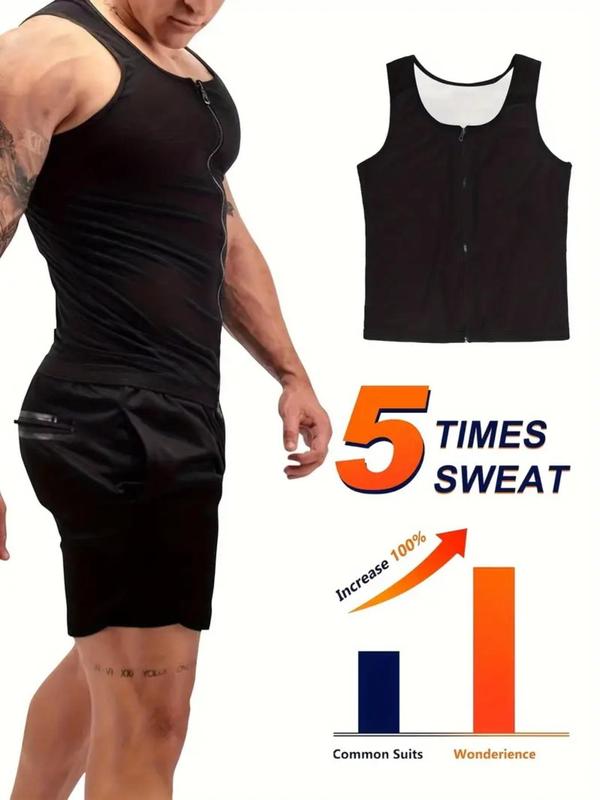 Men's Solid Zipper Sauna Tank Top, High Stretch Compression Shapewear Top, Tummy Control Shaper for Men, Men's Shapewear for Gym Workout