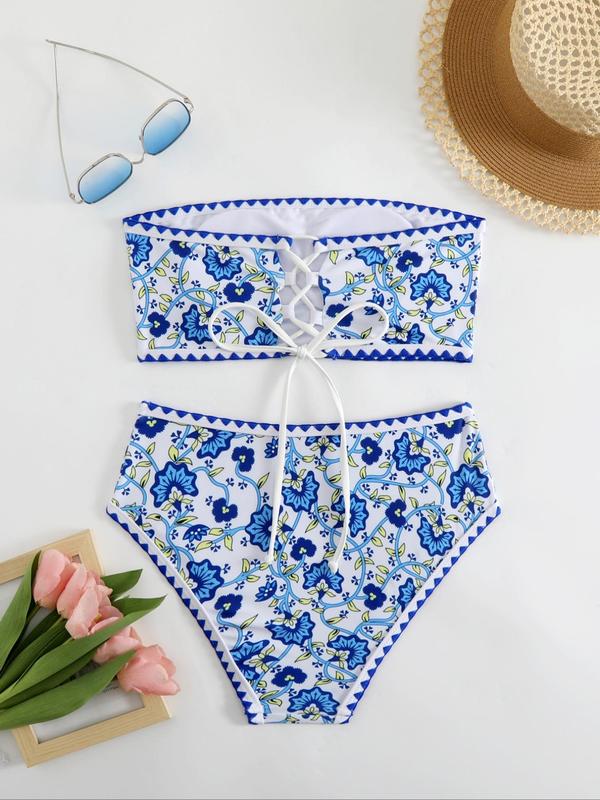 Women's Floral & Chevron Print Bikini Set, Casual Chic Lace Up Tie Back Bandeau Swim Bra & High Waist Swim Panty, Ladies Summer Swimsuit