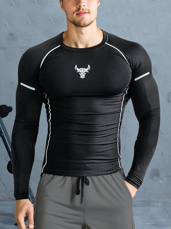 Men's Bull Head Print Round Neck Top-stitching Sports Tee, Slim-fit Long Sleeve Crew Neck T-shirt for Spring & Fall, Compression Shirt, Casual Sporty Top for Outdoor Workout Running