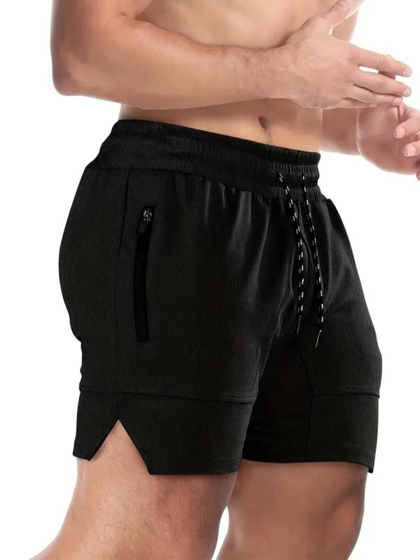 Men's Solid Drawstring Waist Split Hem Mesh Sport Shorts, Regular Fit Casual Zipper Pocket Track Shorts for Summer, Men's Bottoms for Outdoor Running Fitness Basketball