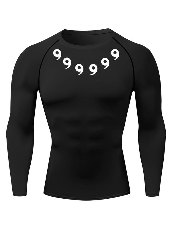 Men's Figure Print Round Neck Raglan Sleeve Sports Tee, Long Sleeve Crew Neck T-shirt for Gym Workout Running, Casual Sporty Top for Fall & Winter