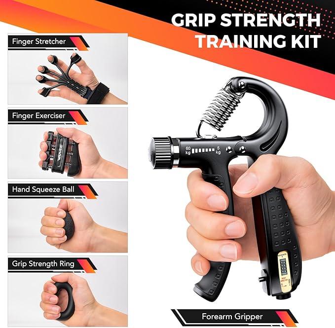 Grip Strength Trainer Kit (5 Pack) with Hand Grip Strengthener Electronic Counting, Forearm Strengthener, Finger Exerciser, Stress Relief Ball, and Forearm Workout Ring for Hand Therapy Forearm Strength Training