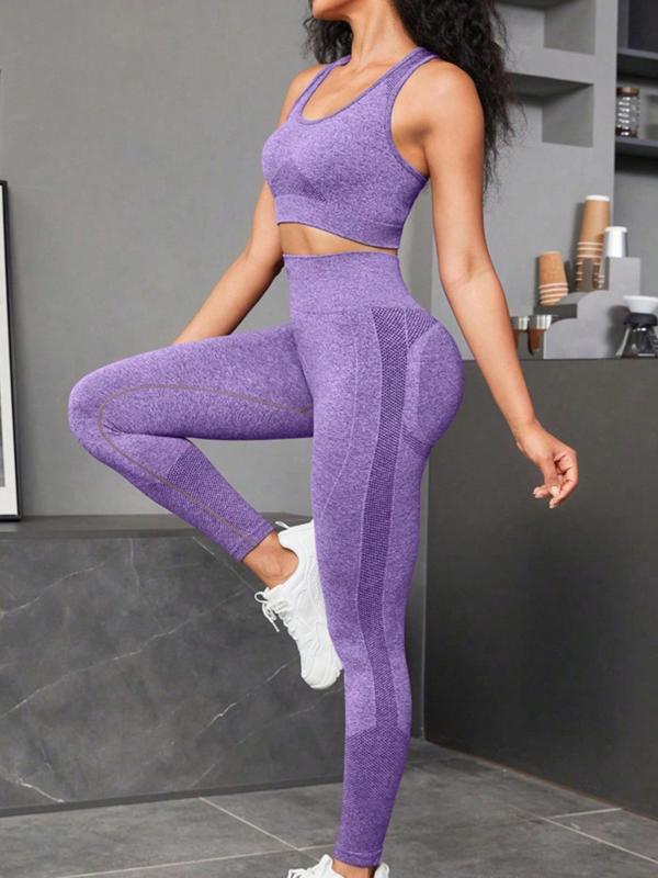 Women's Solid Scoop Neck Racerback Crop Tank Top & High Waist Leggings Tracksuit Set, Sporty Breathable High Stretch Seamless Outfits for Yoga Gym Workout Running, Ladies Sportswear for All Seasons