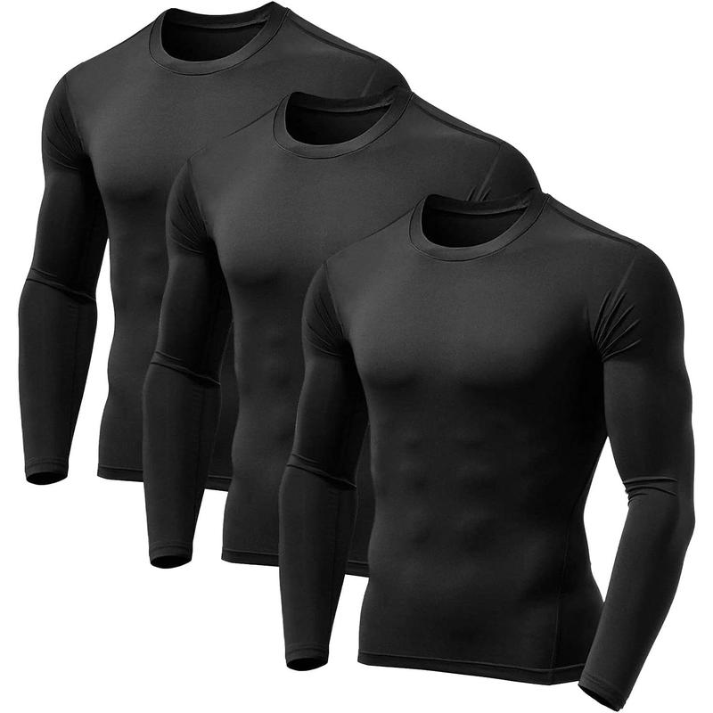 3 Pack Men's Compression Shirts Long Sleeve Athletic Base Layer Running Top UV Sun Protection Outdoor Work Out Shirts Black S