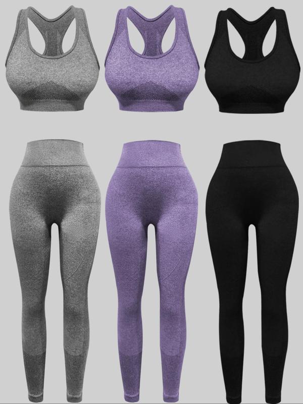 Women's Solid Scoop Neck Racerback Crop Tank Top & High Waist Leggings Tracksuit Set, Sporty Breathable High Stretch Seamless Outfits for Yoga Gym Workout Running, Ladies Sportswear for All Seasons