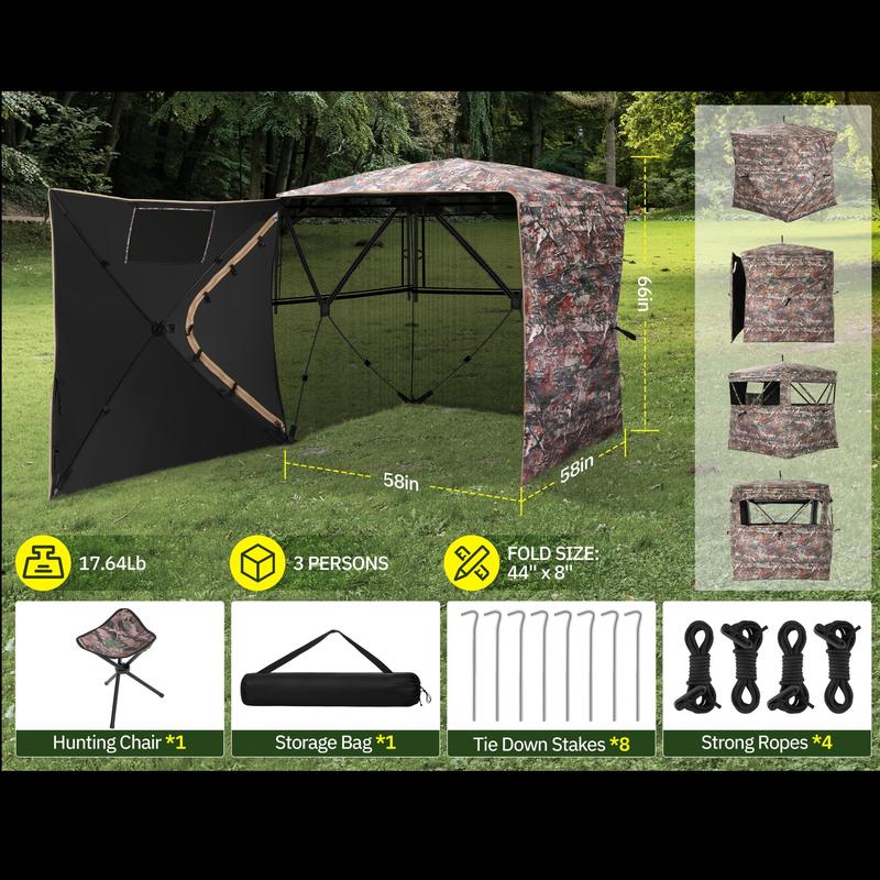 Rengue 360-Degree Unobstructed View Hunting Blind, Portable Pop-Up Ground Shelter for 2-3, Durable Oxford Cloth, Silent-Slid Windows