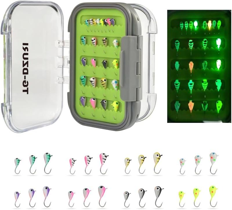 Tungsten Ice Fishing Jigs Kit, 3.2 4 5mm Glow in Dark Tear Drop Ice Fishing Lure Jigs with Waterproof Two-Sided Jig Box Assortment 20 24 30