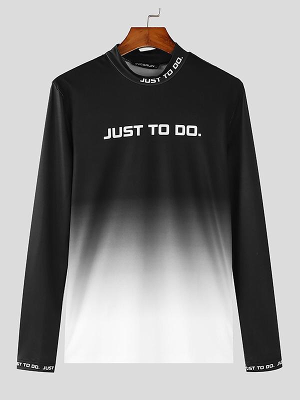 Men's Ombre Letter Print Mock Neck Tee, Regular Fit Casual Long Sleeve T-shirt for Spring & Fall, Men's Top for Gym Workout Running