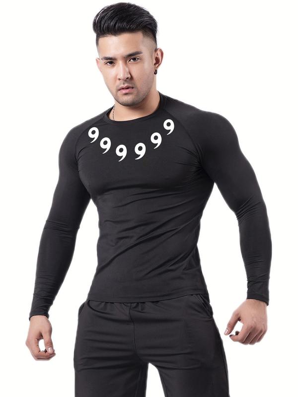 Men's Figure Print Round Neck Raglan Sleeve Sports Tee, Long Sleeve Crew Neck T-shirt for Gym Workout Running, Casual Sporty Top for Fall & Winter