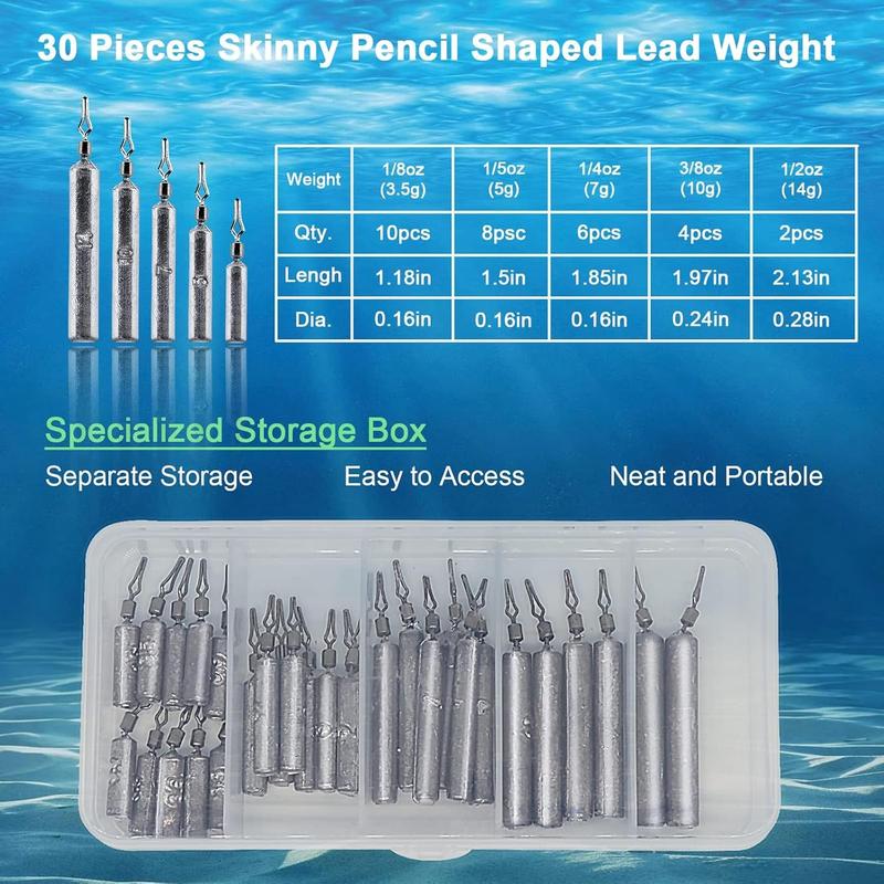 30 count Fishing Weights Kit, No Snag Skinny Pencil Shaped Fishing Sinkers, Suitable for Catfishing Equipment Drop Shot Weights Assortment, Snagless Sinker Rig for Anglers.