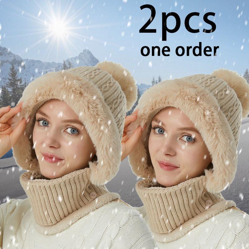 Winter Fleece Lined Knitted Hat with Earmuffs 3-in-1 Winter Hat Scarf Mask Set, Windproof and Warm Hooded Neck Warmer for Outdoor Cycling