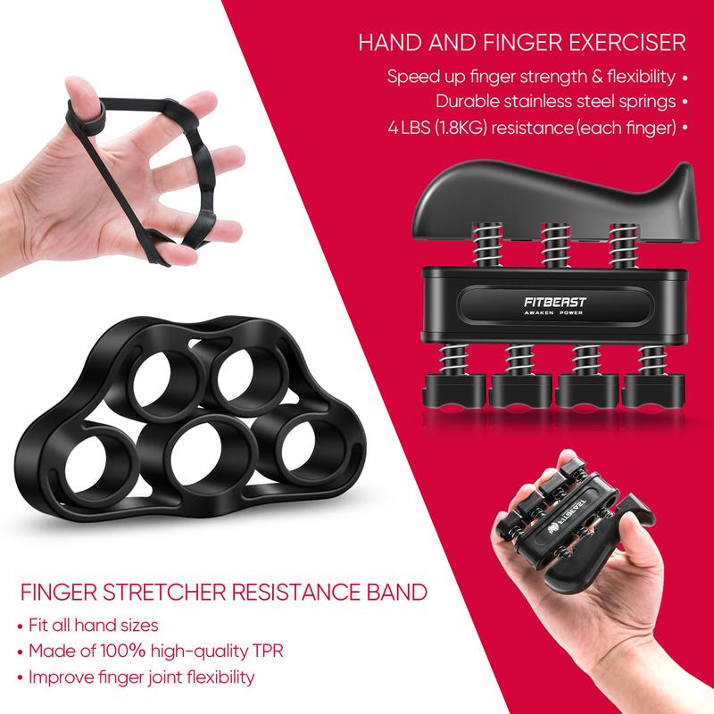 FitBeast Hand Grip Strengthener Workout Kit (5 Pack), 2 Forearm Grip Adjustable Resistance Hand Gripper, Finger Stretcher, Grip Ring & Stress Relief Grip Ball for Athletes, Chirstmas Gift for Boyfriend