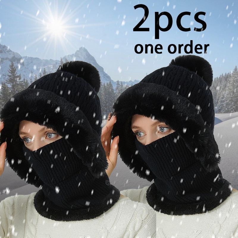 Winter Fleece Lined Knitted Hat with Earmuffs 3-in-1 Winter Hat Scarf Mask Set, Windproof and Warm Hooded Neck Warmer for Outdoor Cycling