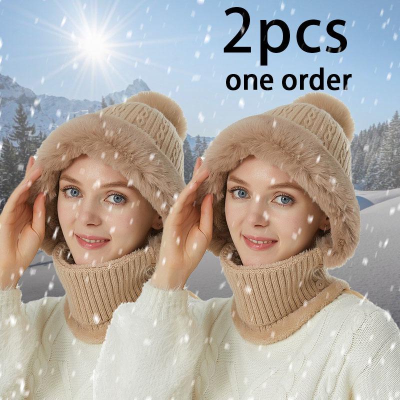 Winter Fleece Lined Knitted Hat with Earmuffs 3-in-1 Winter Hat Scarf Mask Set, Windproof and Warm Hooded Neck Warmer for Outdoor Cycling