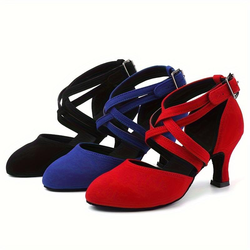 Womens Latin Salsa Dance Shoes - Soft Indoor Fabric, Secure Cross-Straps, Stylish Low Heel, Ultra-Comfortable Fit - Perfect for Cha Cha, Ballroom - Multiple Colors