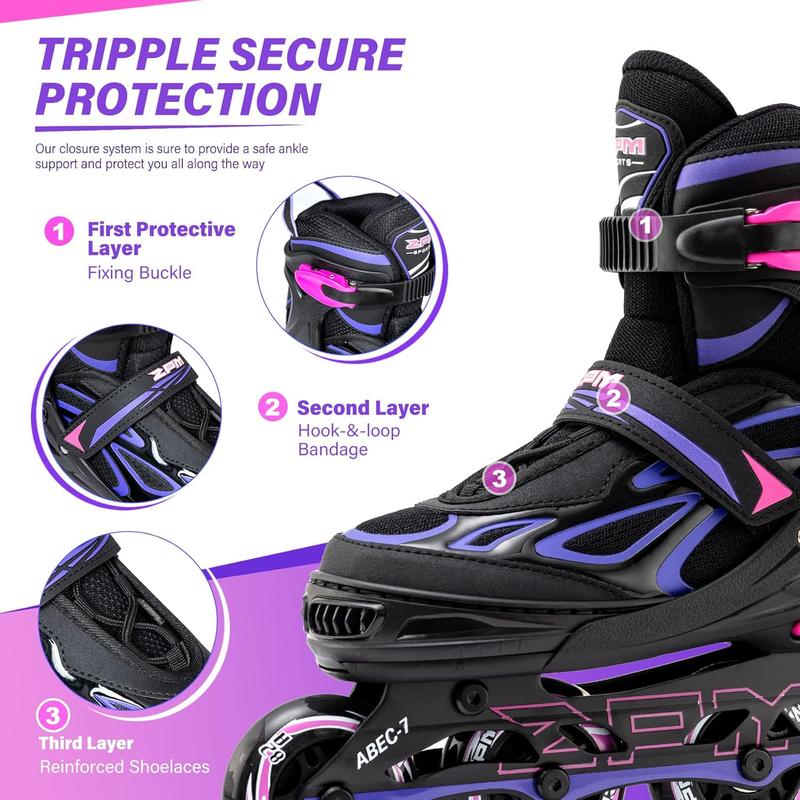 Vinal Girls Adjustable Flashing Inline Skates, All Wheels Light Up, Fun Illuminating Skates for Kids and Men