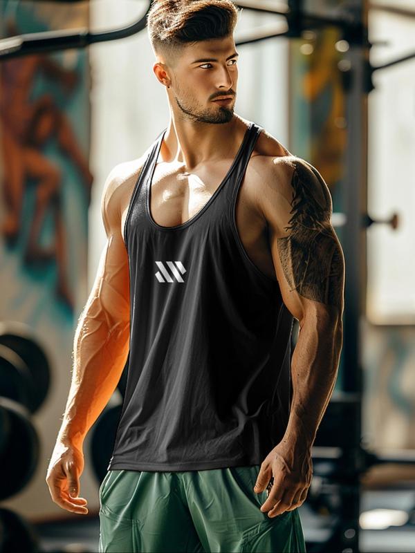 Men's Geometric Print U Neck Sports Tank Top, Sporty Quick Drying Breathable Sleeveless Top for Gym Workout Running, Men's Sportswear for Summer