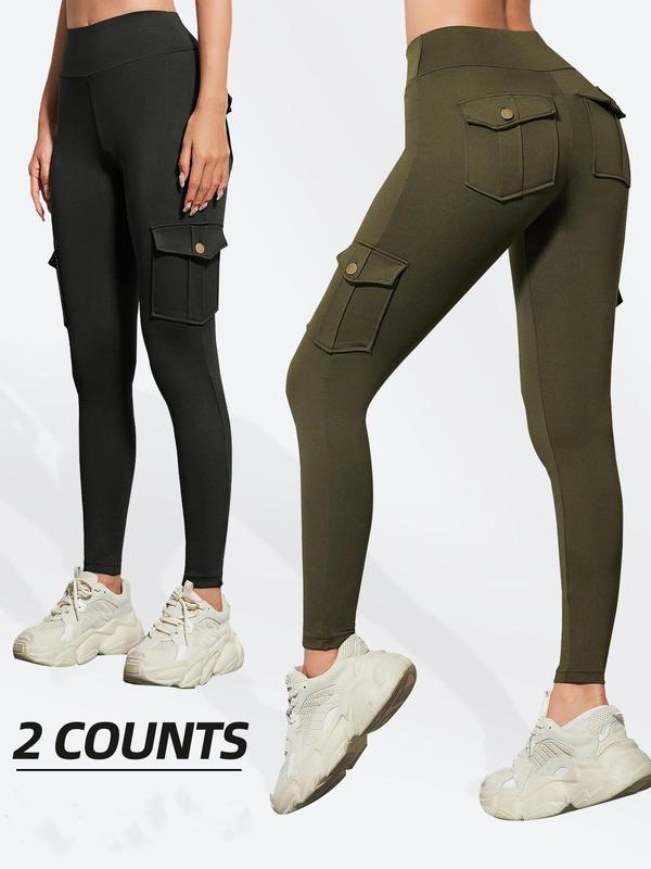 Women's Solid High Waist Pocket Sports Leggings, Casual Comfy Breathable Skinny Pants for Yoga Gym Workout, Ladies Sportswear for Spring & Fall