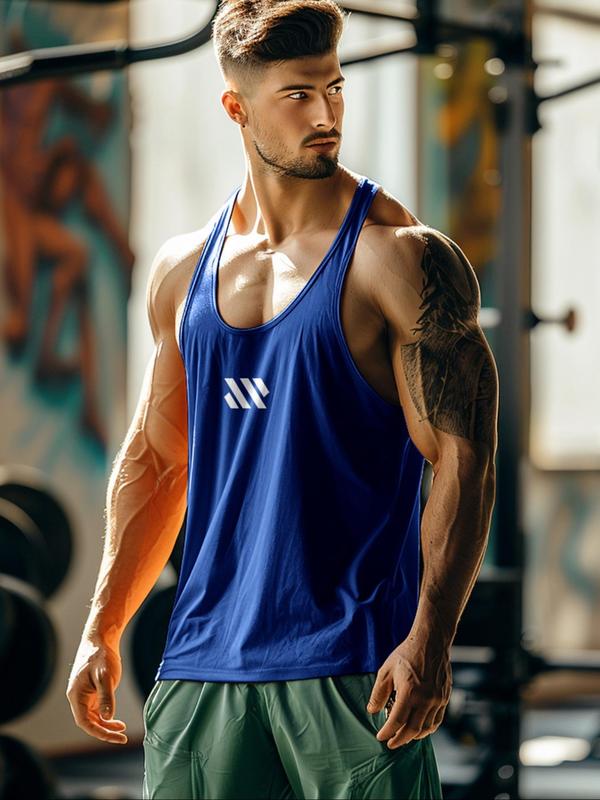 Men's Geometric Print U Neck Sports Tank Top, Sporty Quick Drying Breathable Sleeveless Top for Gym Workout Running, Men's Sportswear for Summer