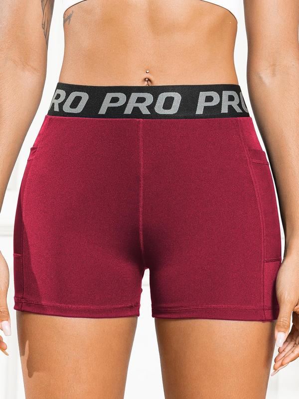 Women's Pocket Letter Tape Sports Shorts, Gym Shorts, Summer High Waist Breathable Short Leggings, Fall Gym Shorts Women 2024, Women's Sports Outfits for Workout Cycling Gym