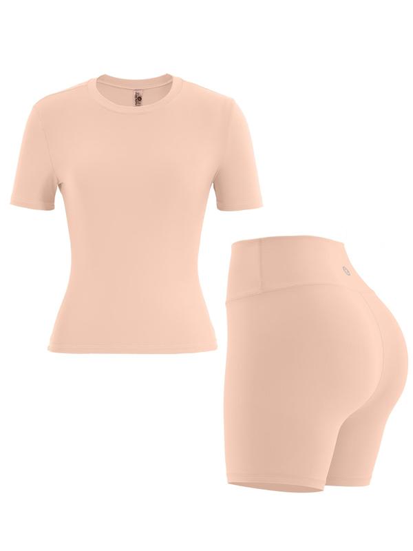 Women's Solid Round Neck Tee & High Waist Skinny Shorts Tracksuit Set, Sporty Breathable Comfortable T-shirt & Shorts Set, Jogging Suit Set, Ladies Sportswear for Indoor Outdoor, Gym Clothes for Women, Co-ord Set for Women, Minimalistic Outfit