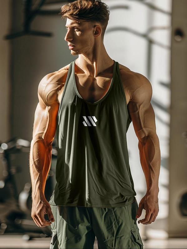 Men's Geometric Print U Neck Sports Tank Top, Sporty Quick Drying Breathable Sleeveless Top for Gym Workout Running, Men's Sportswear for Summer