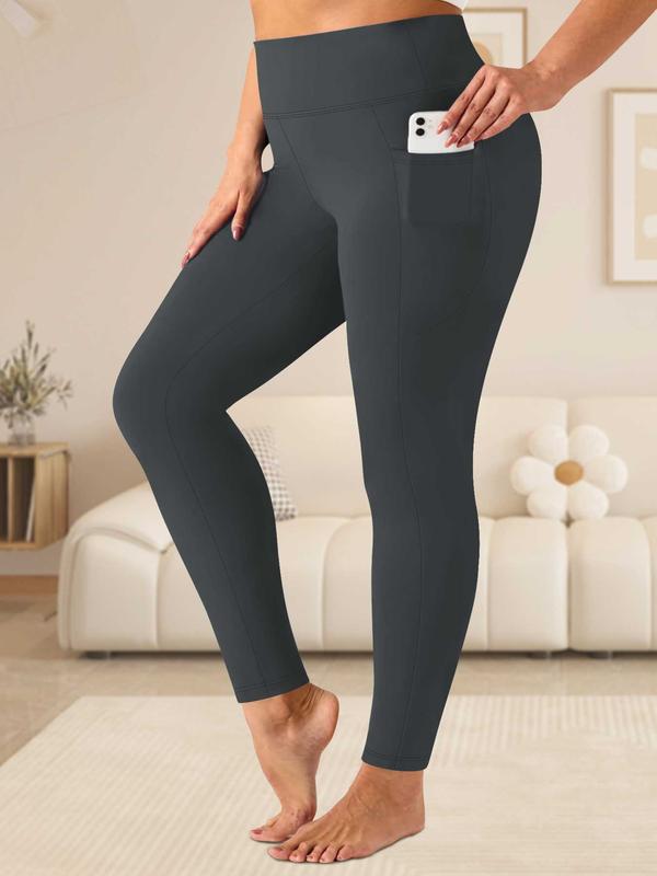  Women's Solid Pocket Design High Waist Leggings, Casual Comfy Breathable Skinny Pants for Yoga Gym Workout, Ladies Bottoms for All Seasons