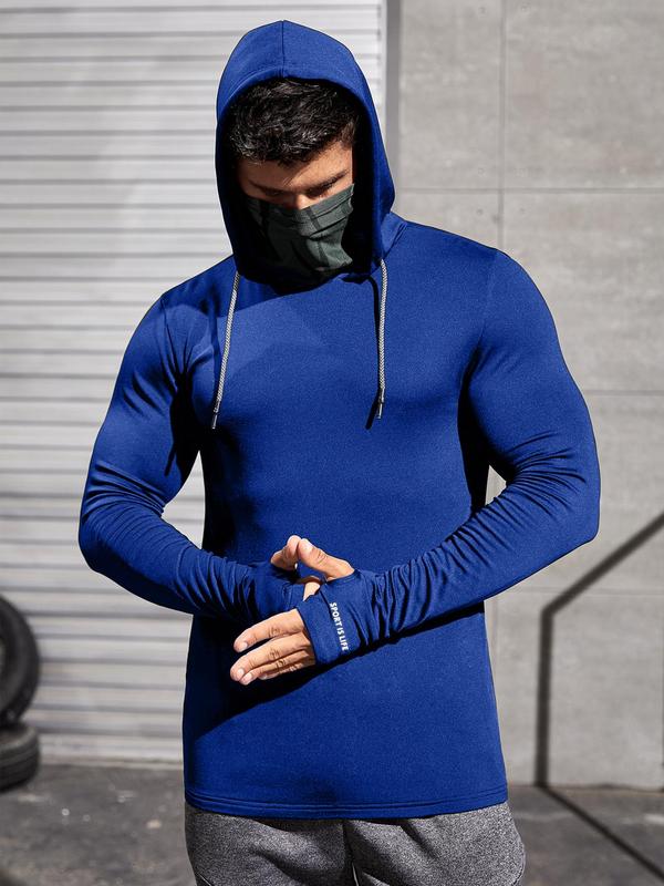 Men's Letter Print Thumb Hole Sports Rashguard, Slim Long Sleeves Drawstring Hooded Sports Top, Sportswear, Gym Clothing Men, Gym Tops, Men's Clothing for Spring & Fall