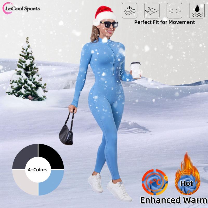 Women's Solid Fleece-Lined Ski Jumpsuit, Casual Sporty Long-Sleeve Jumpsuit, Perfect for Skiing, Cycling, and Winter Sports. Ladies' Fall and Winter Activewear with a '90s Style Vibe athletic activewear