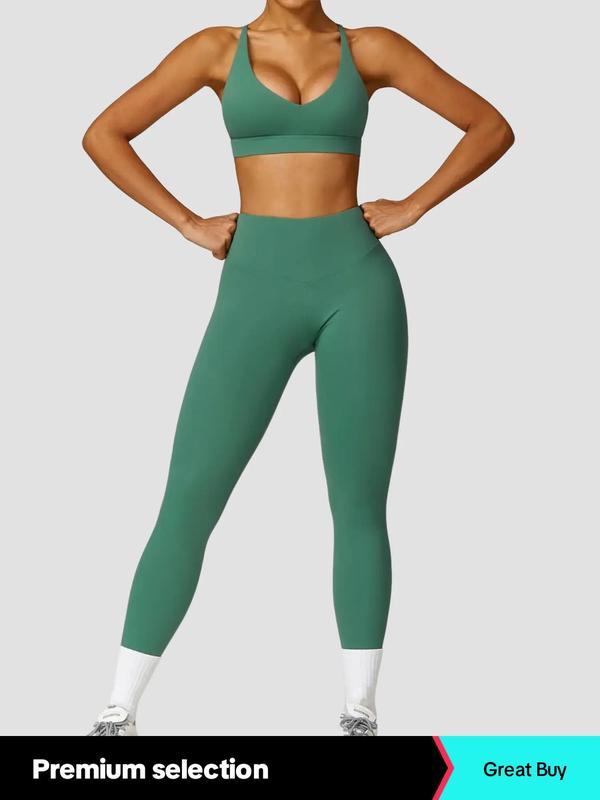 Women's Plain Criss Cross Cut Out Sport Bra & High Waist Leggings Tracksuit Set, Scoop Neck Sleeveless Top & Skinny Pants Two-piece Outfits, Jogging Suit Set, Ladies Sportswear for Indoor Outdoor Wear, Fall Outfits