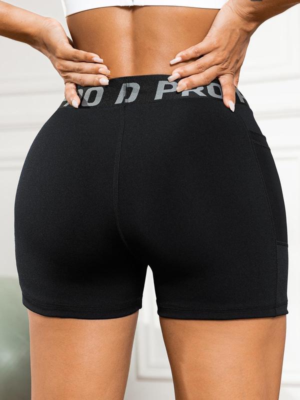 Women's Pocket Letter Tape Sports Shorts, Gym Shorts, Summer High Waist Breathable Short Leggings, Fall Gym Shorts Women 2024, Women's Sports Outfits for Workout Cycling Gym