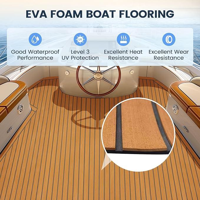 EVA Foam Boat Decking Faux Teak Marine Flooring It is suitable for boat flooring, car floors，motorboats,  swim platforms, RVs, bass boats,  canoe floors, yacht floors, golf carts, boat trailers, kayak decks, stair steps and more.