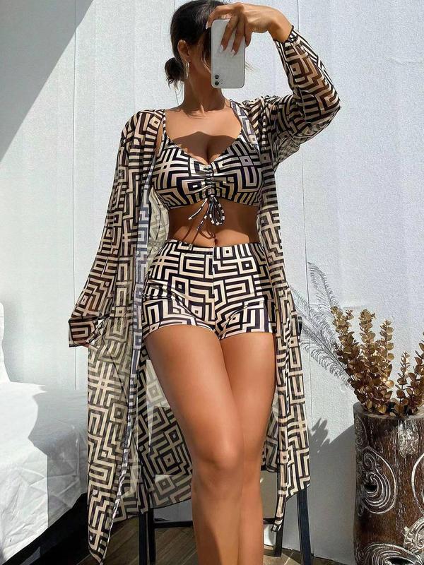 Three-piece Set Women's Geometric Print Swimsuit Set, Long Sleeve Cover Up & Swim Bottom & Drawstring Swim Top Set, Summer Beach Holiday Vacation Swimwear Set for Women