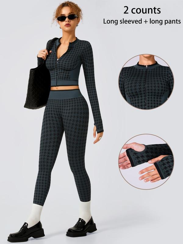 Two-piece Set Women's Houndstooth Print Zip Up Crop Jacket & High Waist Leggings Tracksuit Set, Sporty Breathable Comfy Outfits for Yoga Gym Running, Workout Sets for Women, Women Tracksuits for Fall & Winter