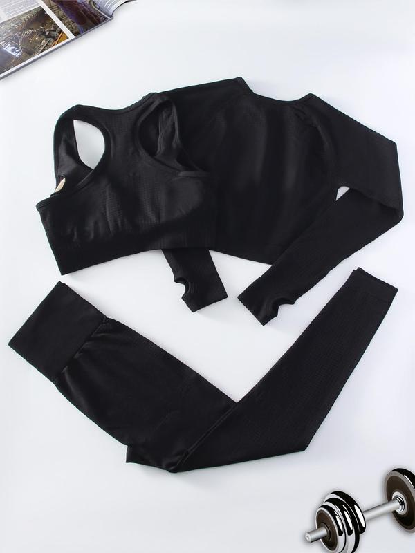 Three-piece Set Women's Solid Long Sleeve Crop Top & Bra & High Waist Leggings Sports Set, Sporty Breathable Comfy Outfits for Yoga Gym Workout Running, Ladies Sportswear for All Seasons