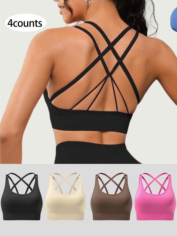 Women's Solid Criss Cross Backless Sports Bra, Breathable Comfortable Padded Wireless Sports Bra for Yoga Gym Workout Running, Ladies Sportswear for All Seasons