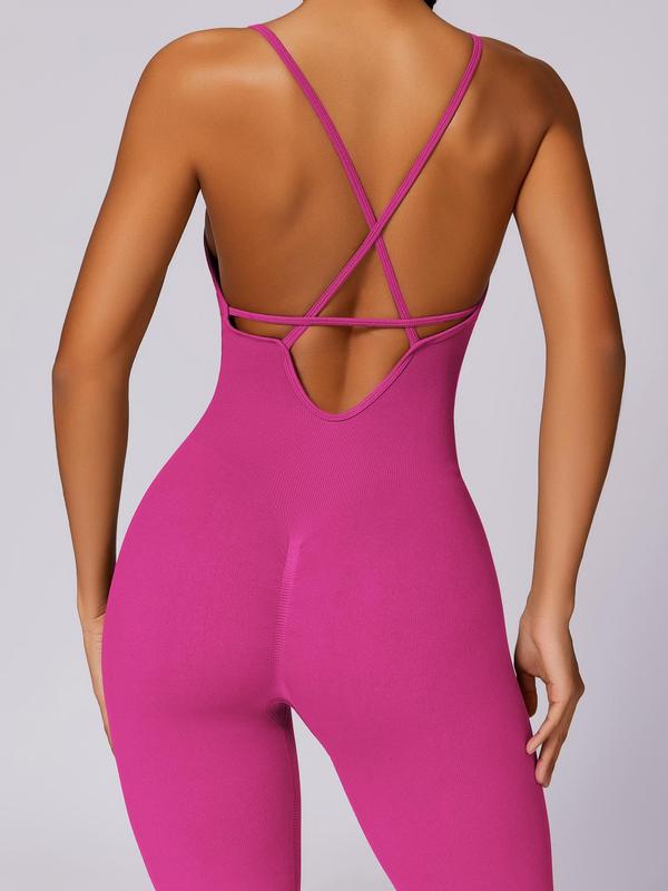 Women's Plain Criss Cross Backless Cut Out Sports Jumpsuit, Sporty Spaghetti Strap Skinny Jumpsuit for Yoga Gym Workout, Ladies 2024 Summer Sportswear, Tummy Control