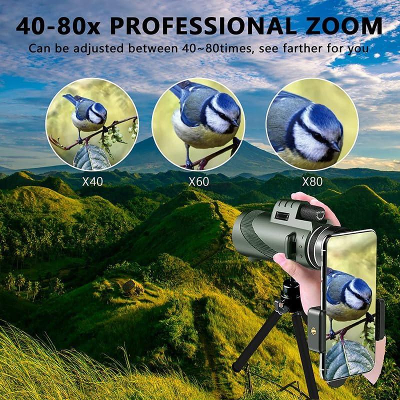 80x100 HD Monocular for Adults with Smartphone Adapter & Tripod,  Telescope for Bird Watching, Hunting, Hiking, Outdoor Camping, Travel, Wildlife