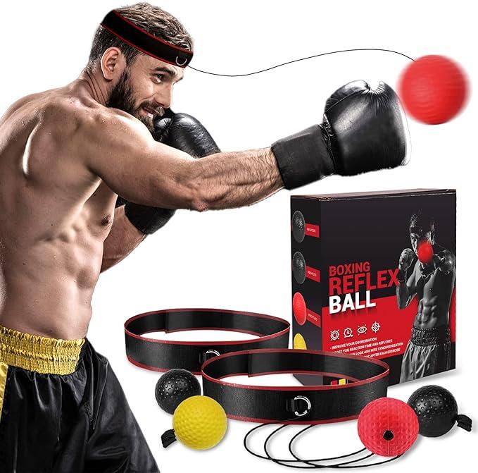 Boxing Reflex Ball Headband Set, Boxing Equipment, Include 4 Different ball and 2 Adjustable Headband, Great for Beginner Improve Proficiency, Boxing Gifts for Men