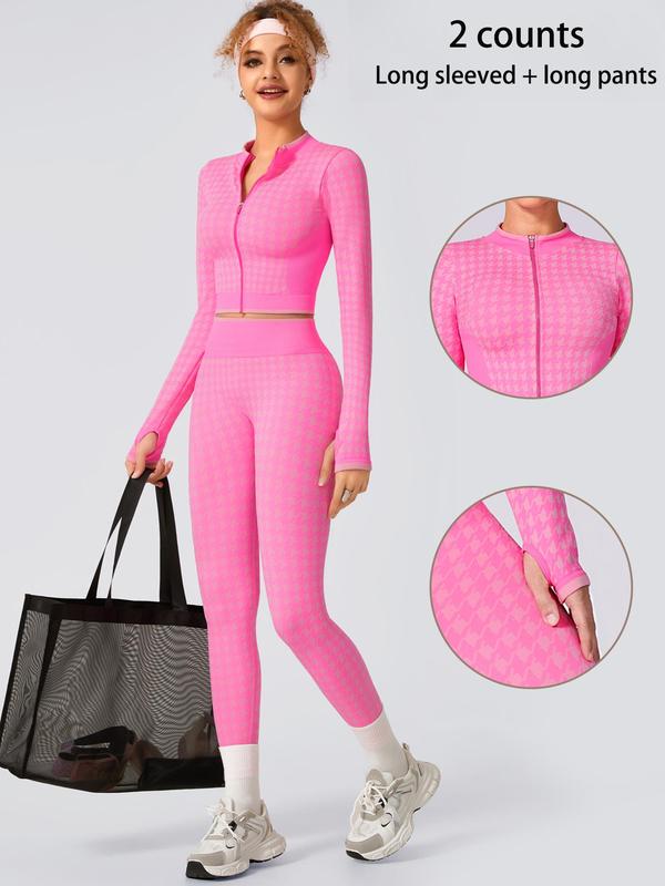 Two-piece Set Women's Houndstooth Print Zip Up Crop Jacket & High Waist Leggings Tracksuit Set, Sporty Breathable Comfy Outfits for Yoga Gym Running, Workout Sets for Women, Women Tracksuits for Fall & Winter