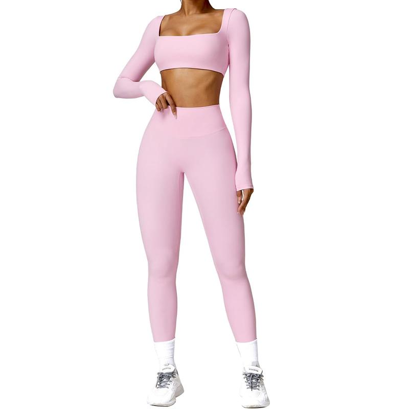 Women's Solid Color Nylon Tracksuits Set - Square Neck Crop Top & Tight Pants for Yoga Work and Gym Outfits